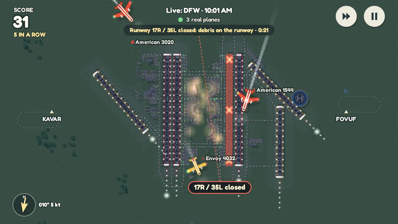 A runway at night, closed for an inspection: red hatched strip with X marks, and a label naming both ends.