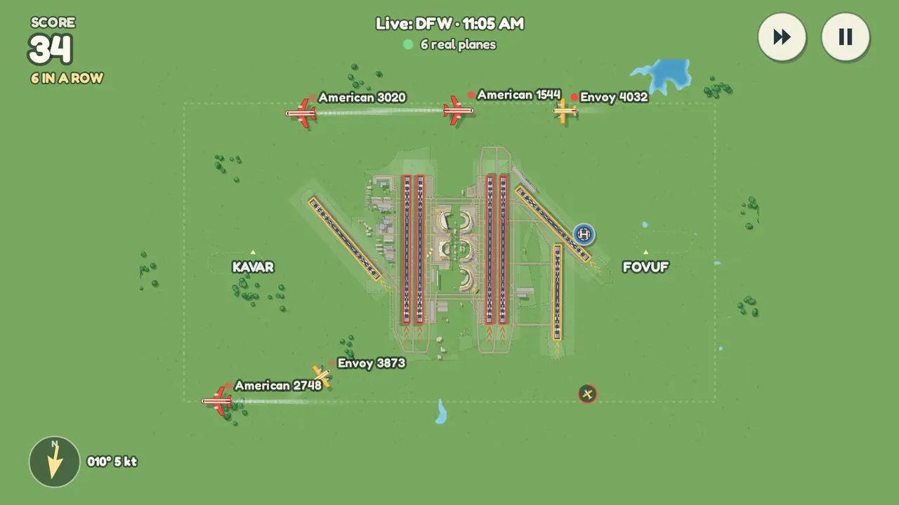 Six real planes come in to Dallas Fort Worth, each with its flight number.