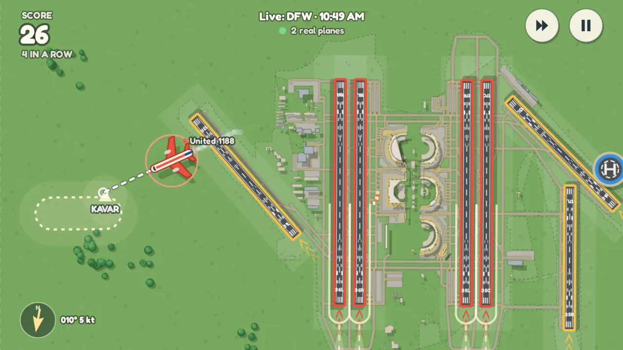 A real plane drawn towards a holding racetrack, with the track lit up under the finger.