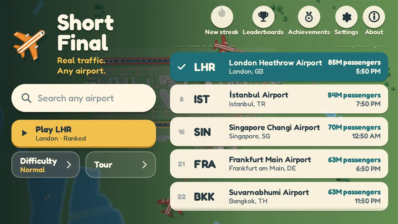 The home screen: pick an airport, play the ranked daily, or choose from the busiest airports by passengers.