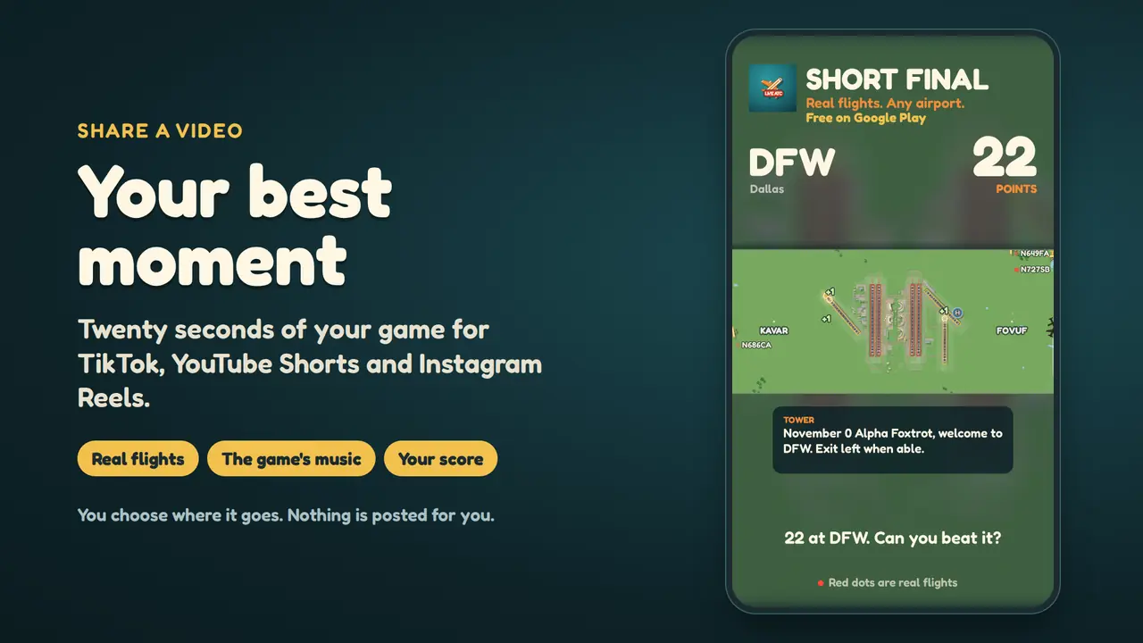 A vertical video frame of the game, with the real flight names and a closing line with the score, beside the words Share a video.